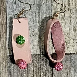 Elegant Pink Leather Earrings with Green Accents